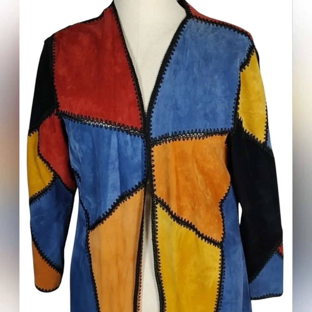 🔥HP Adrienne Landau Dyed Pig Suede Long Patchwork Colorblock Duster Jacket - Picture 4 of 13
